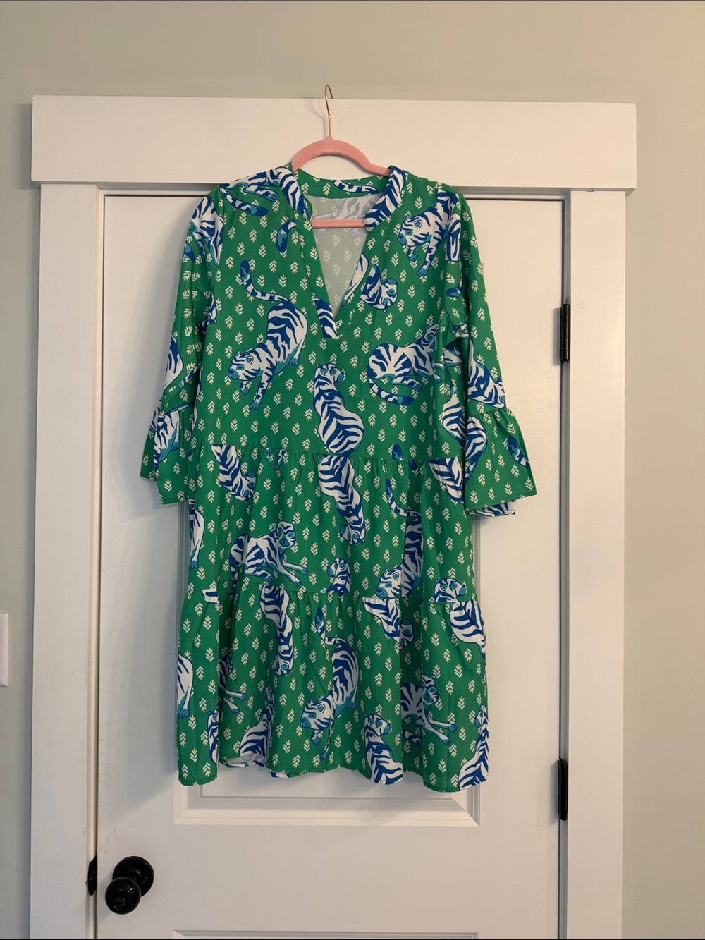 Green Printed Midi Dress with Blue Tiger Motif